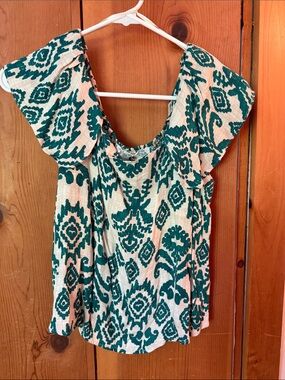 Cupio Cream and Teal Patterned Flutter Sleeve Blouse